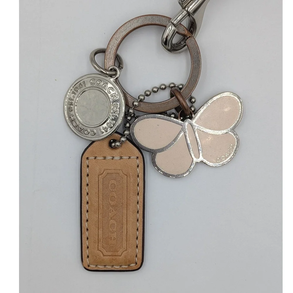 Coach Keychain Bag Charm Pink Butterfly Tan Silver Leather Hangtag Logo Vintage